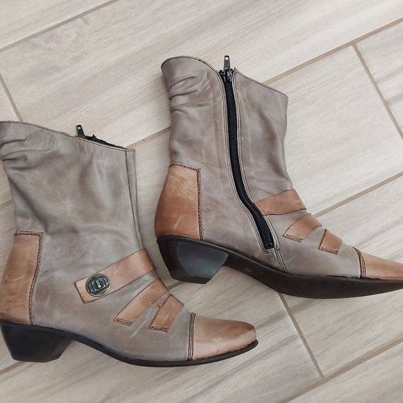 Fidji Taupe/Tan Distressed Leather Low Heel Boot. Size 36 - Picture 6 of 8